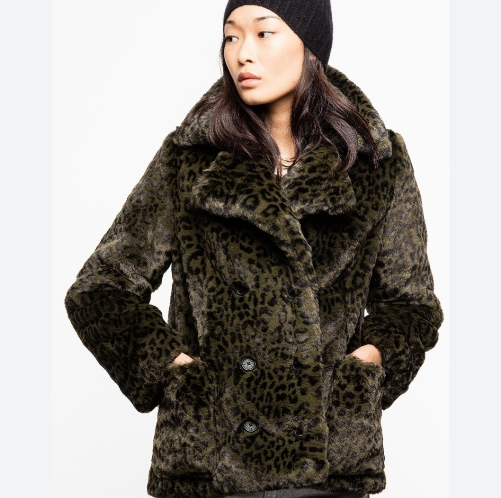 NWT. Zadig & Voltaire Miles Leo Kaki Faux Fur Coat